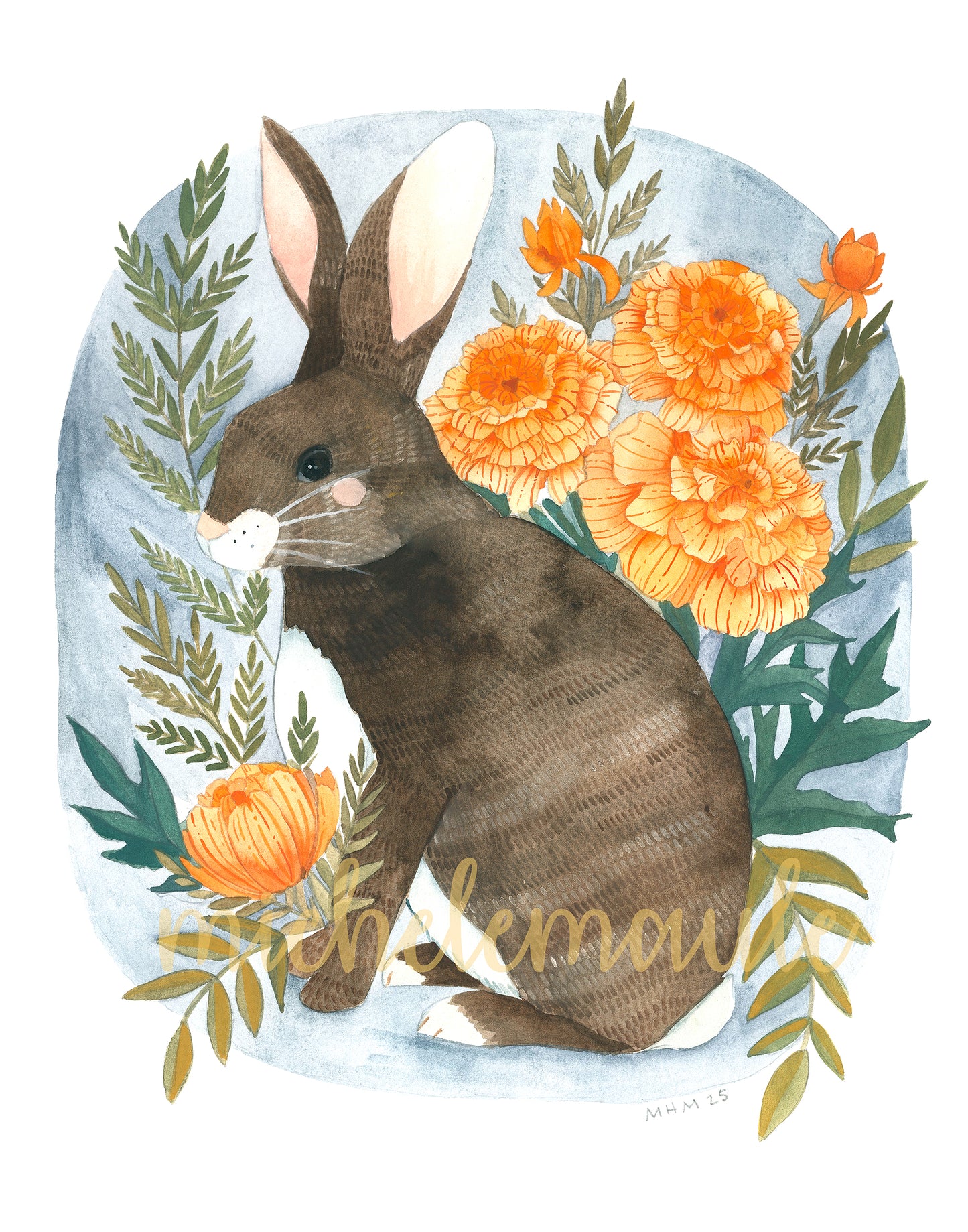 Hand Drawn Bunny Illustration with Marigold Flowers (11x14)