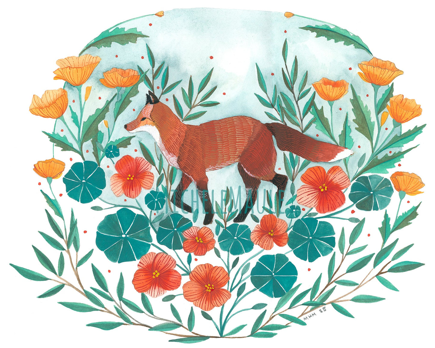 8x10 Print - Red Fox with Nasturtiums