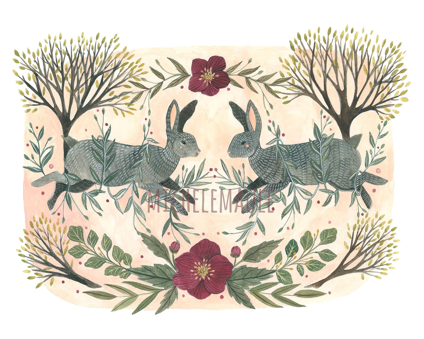 8x10 Print - Rabbit and Floral Illustration