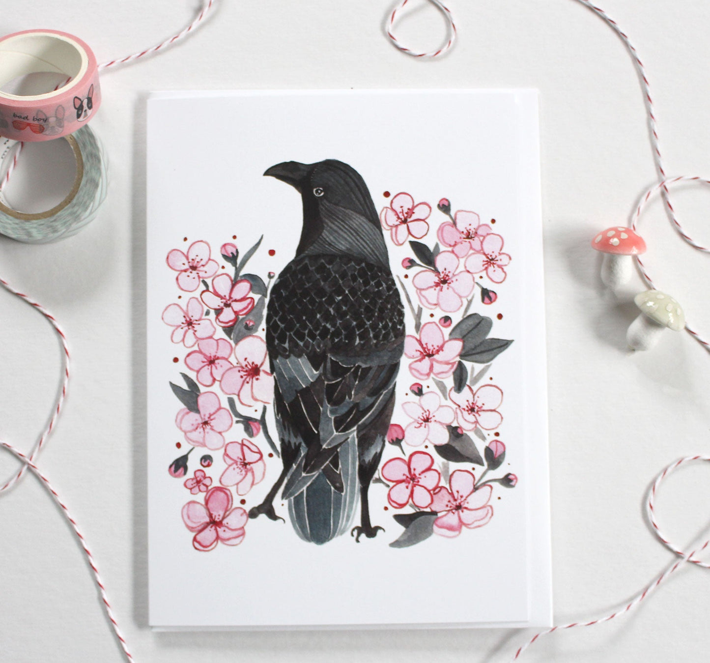 Greeting Card - Crow with Blossoms