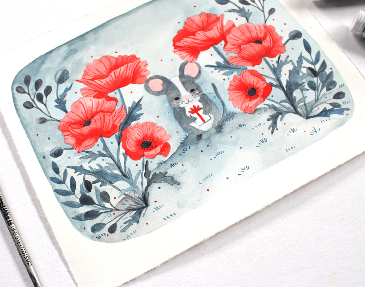 Original Gouache Painting - Little Mouse amongst the Poppies