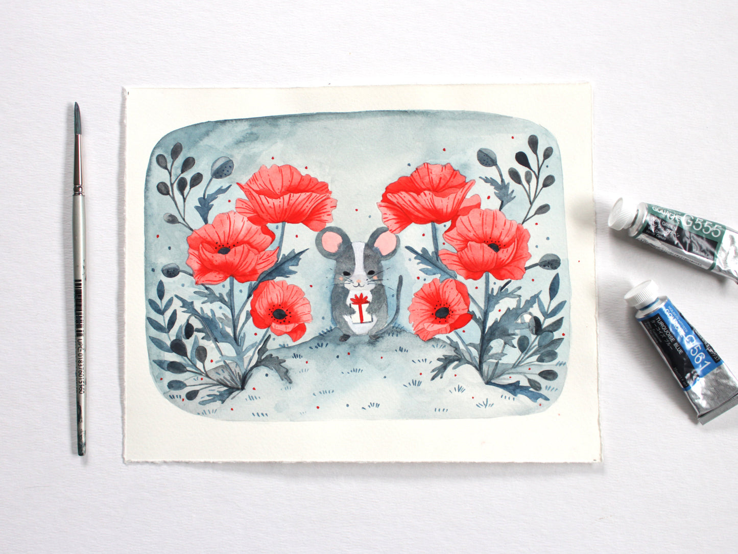 Original Gouache Painting - Little Mouse amongst the Poppies