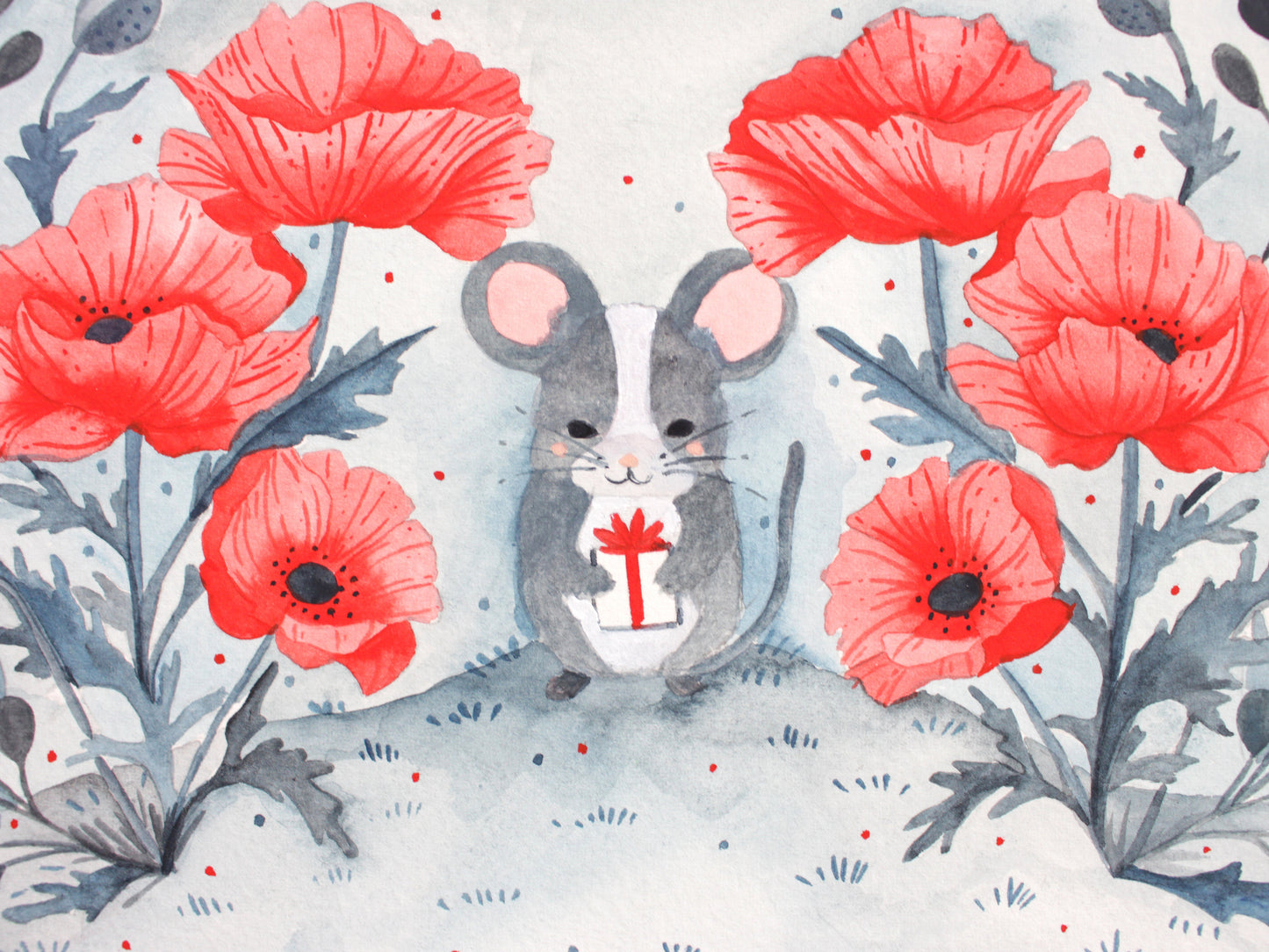 Original Gouache Painting - Little Mouse amongst the Poppies