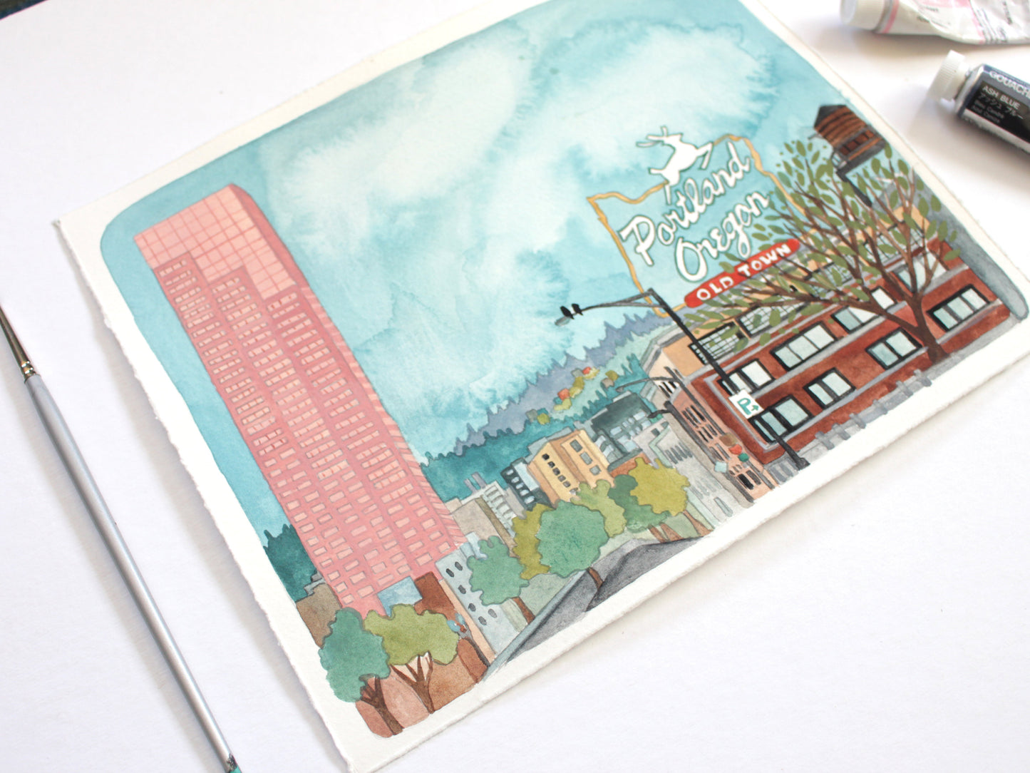 Original Portland Oregon Watercolor Painting - Big Pinkrt