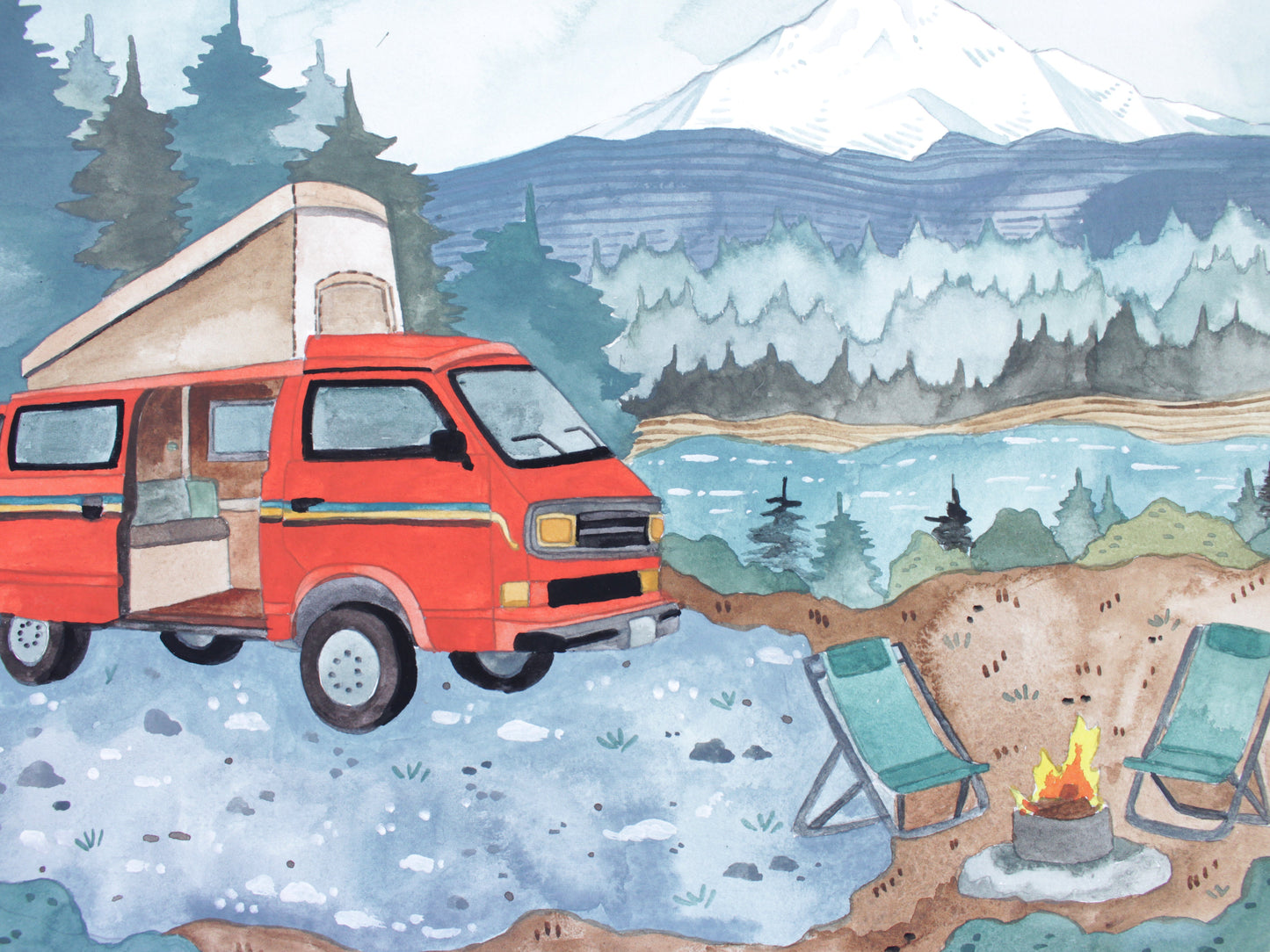 Original Gouache Painting on Paper - Orange Camper Van