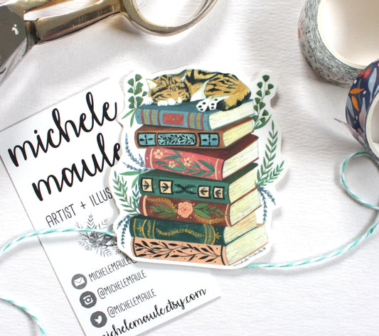 Vinyl Sticker - Cat Nap on Books