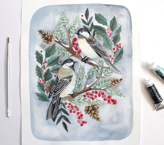 Original Gouache Painting - Two Winter Chickadees