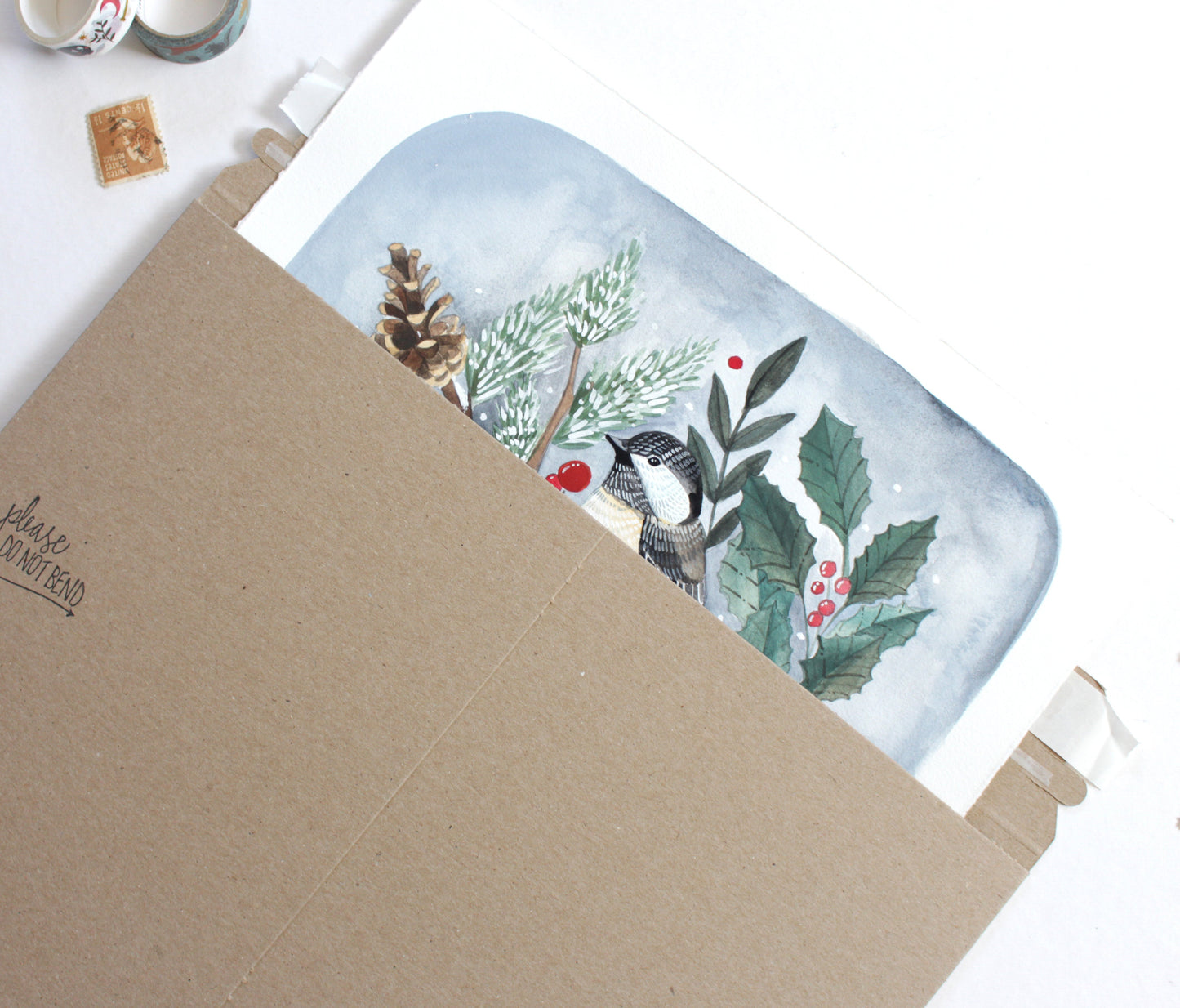 Original Gouache Painting - Two Winter Chickadees