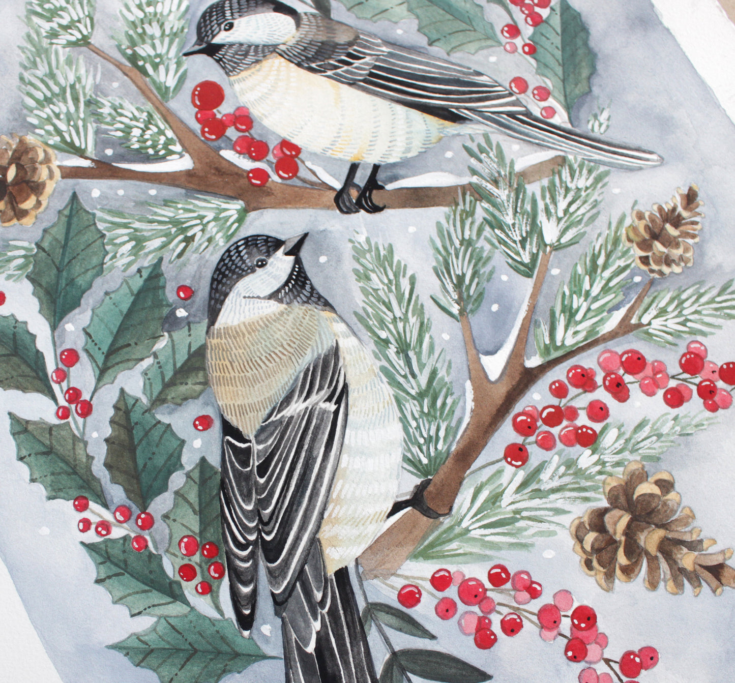 Original Gouache Painting - Two Winter Chickadees
