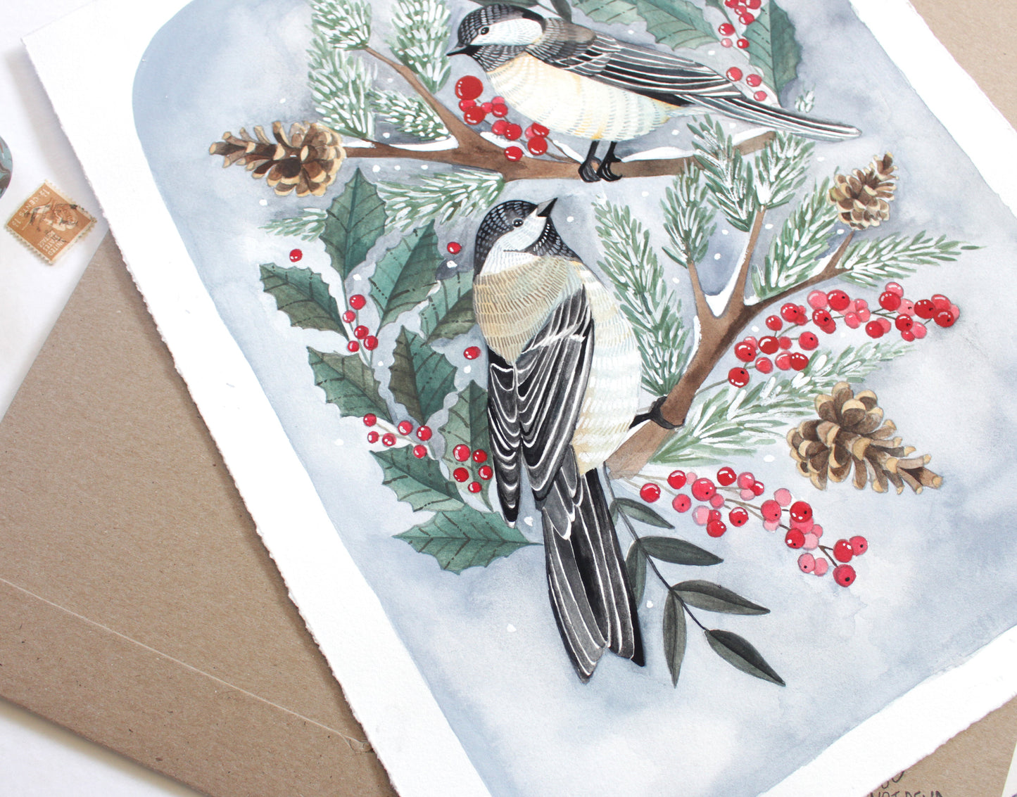 Original Gouache Painting - Two Winter Chickadees