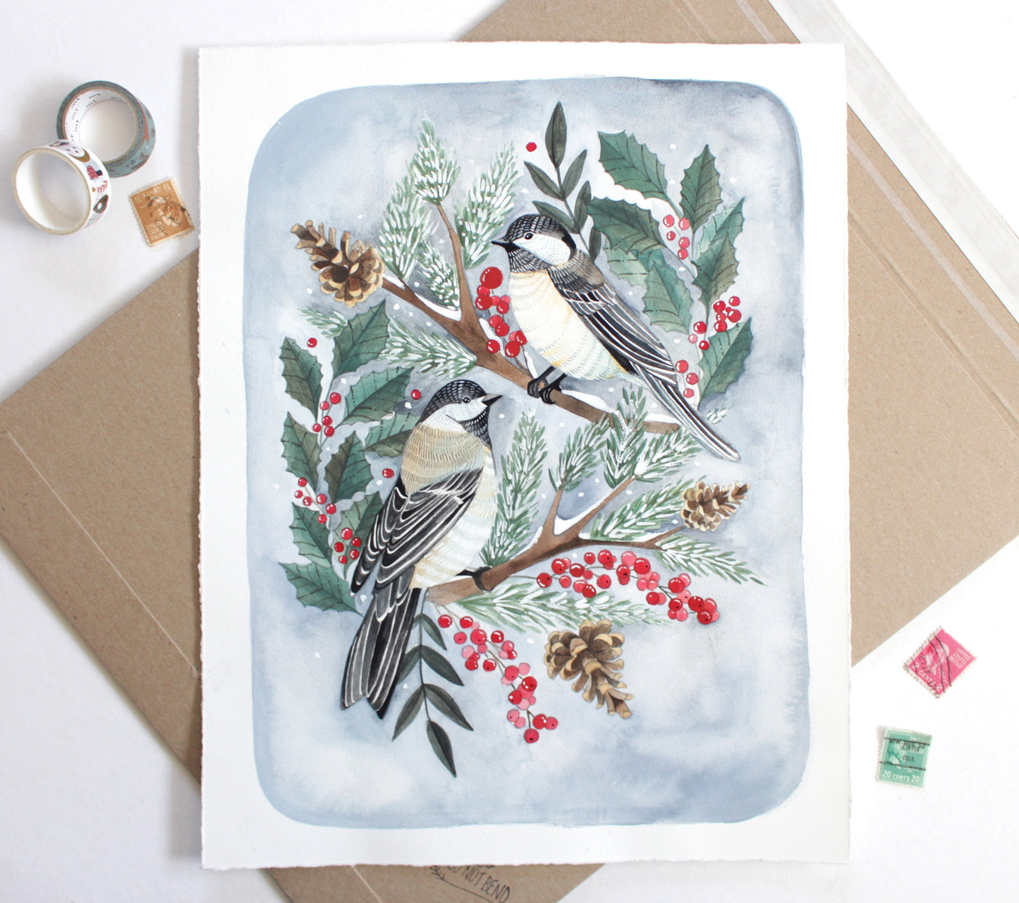 Original Gouache Painting - Two Winter Chickadees