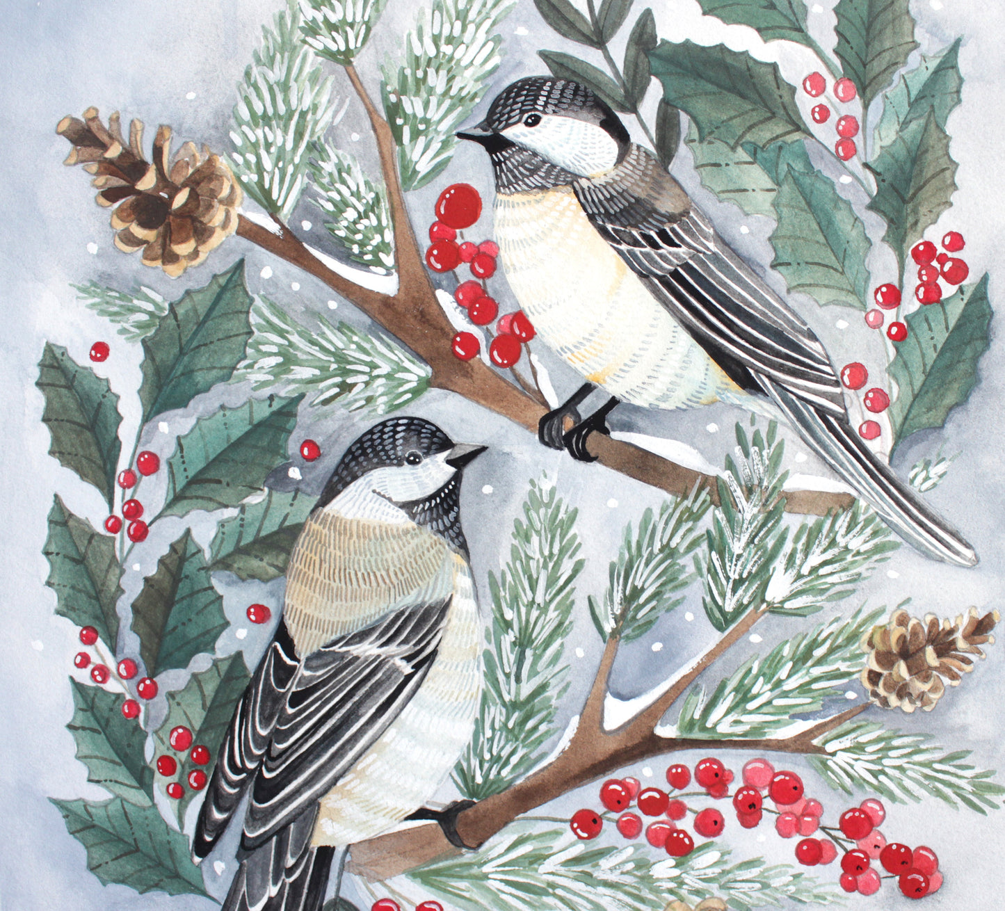 Original Gouache Painting - Two Winter Chickadees