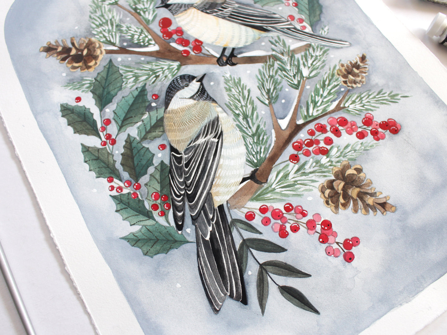 Original Gouache Painting - Two Winter Chickadees