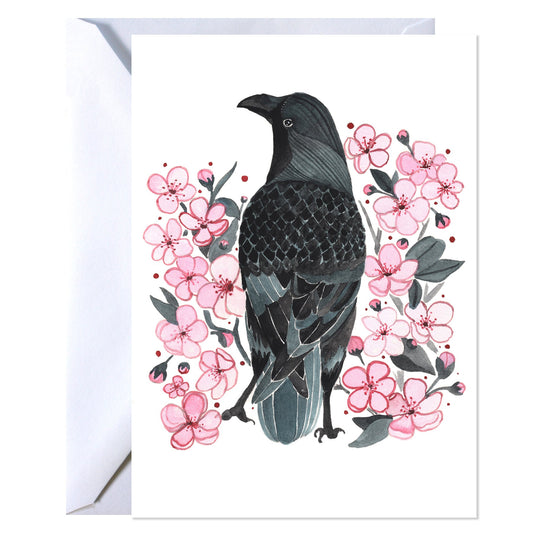 Greeting Card - Crow with Blossoms