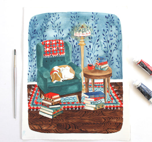 Illustration of a cozy living room with a cat on a chair, books, and a lamp.