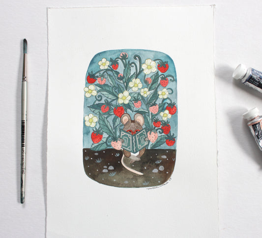 Original Mouse Reading a Book Gouache Painting