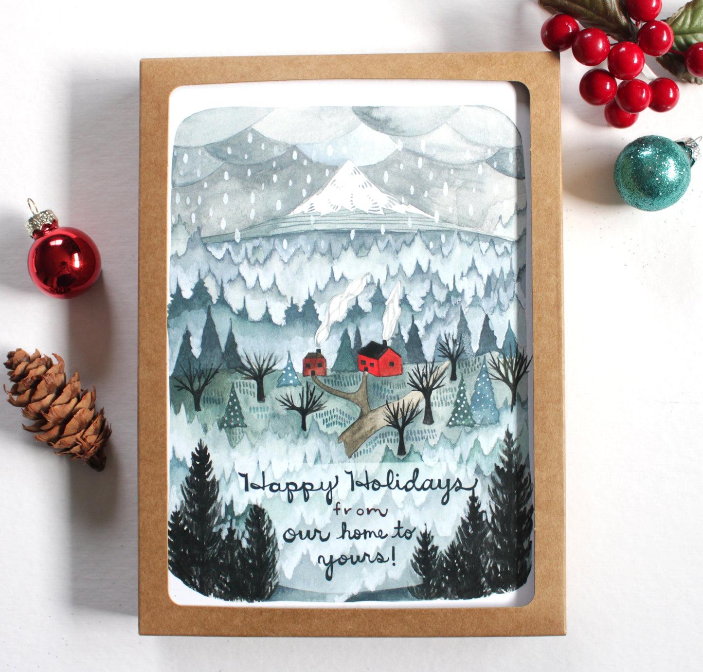 Set of Illustrated Holiday Card - Happy Holidays from Our Home to Yours