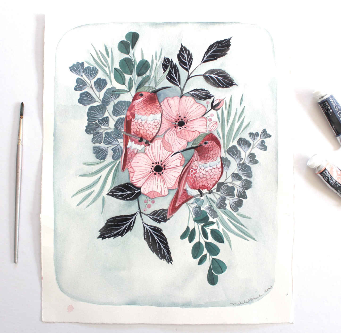 Original Gouache Hummingbird Painting