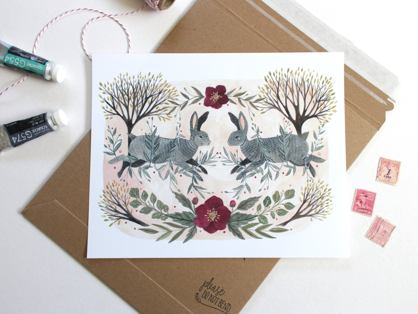 8x10 Print - Rabbit and Floral Illustration