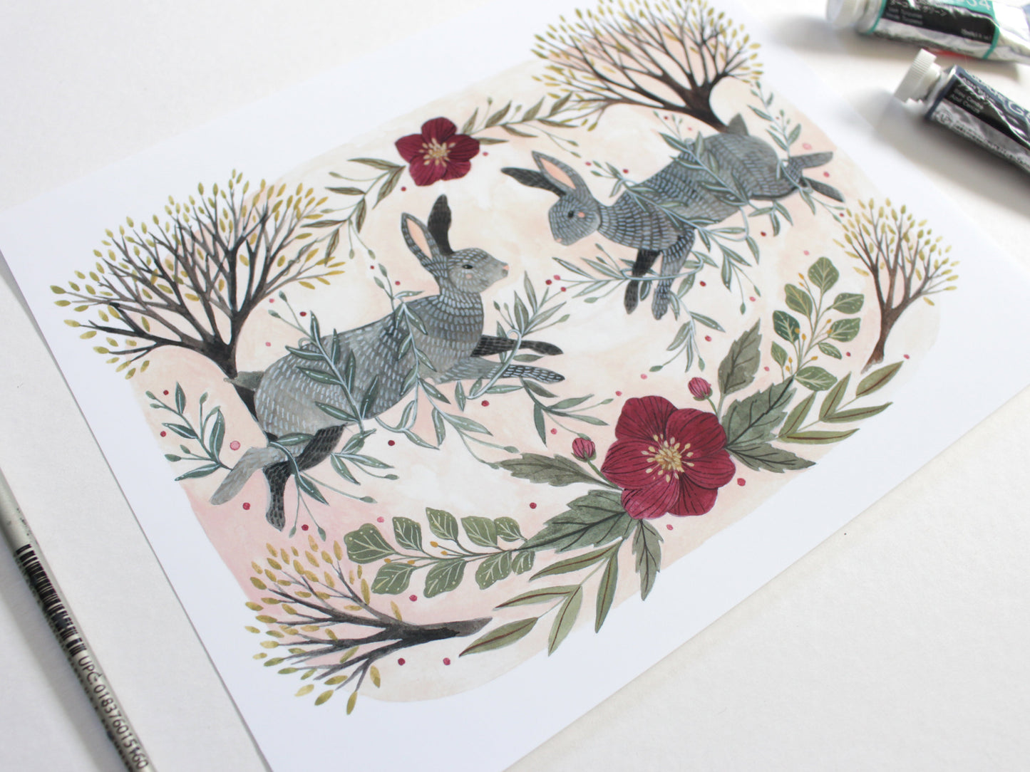 8x10 Print - Rabbit and Floral Illustration