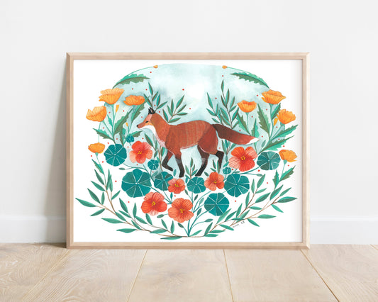 8x10 Print - Red Fox with Nasturtiums