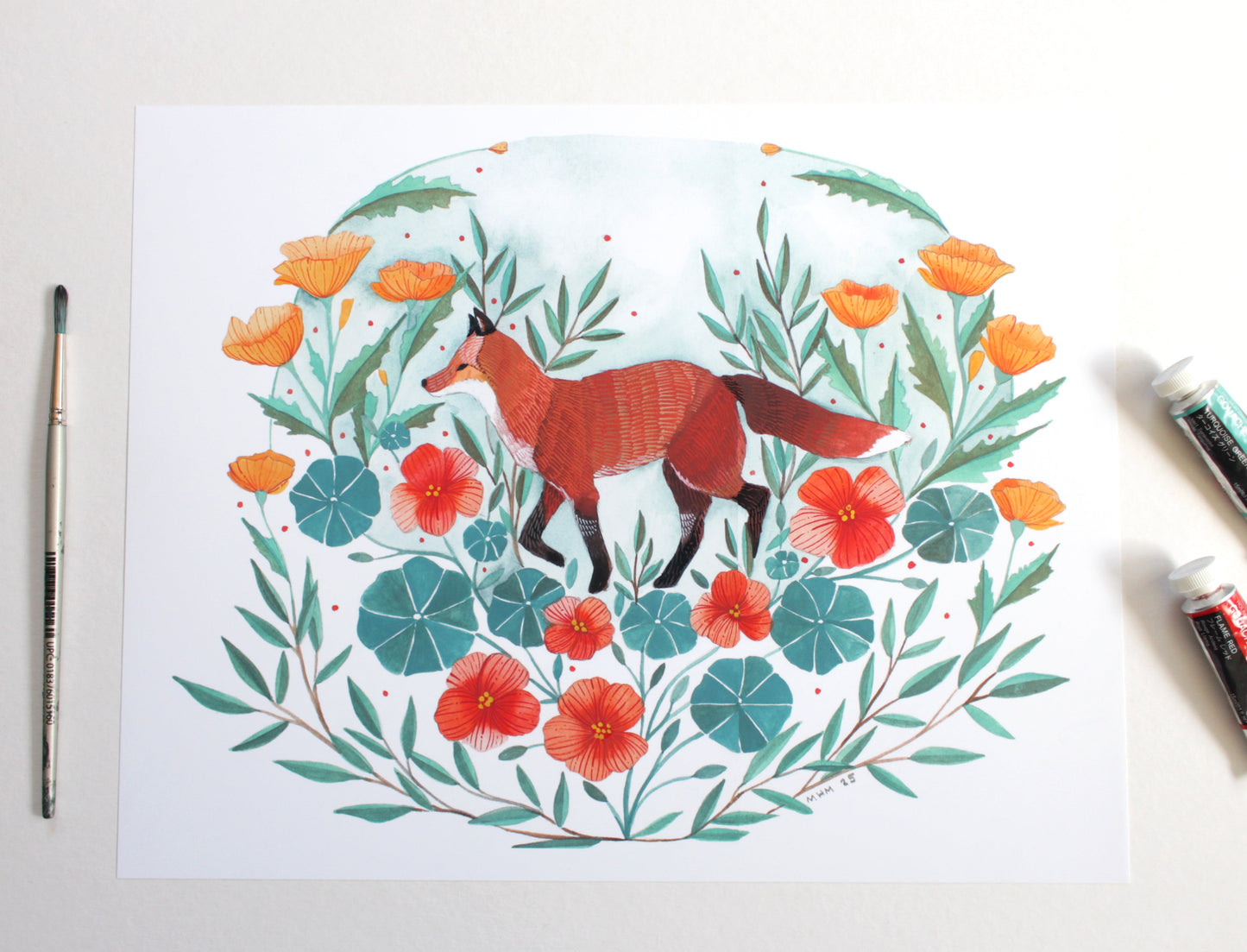 11x14 Print - Red Fox with California Poppies and Nasturtium