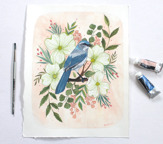 Original Painting - Spring Scrub Jay with Blossoms