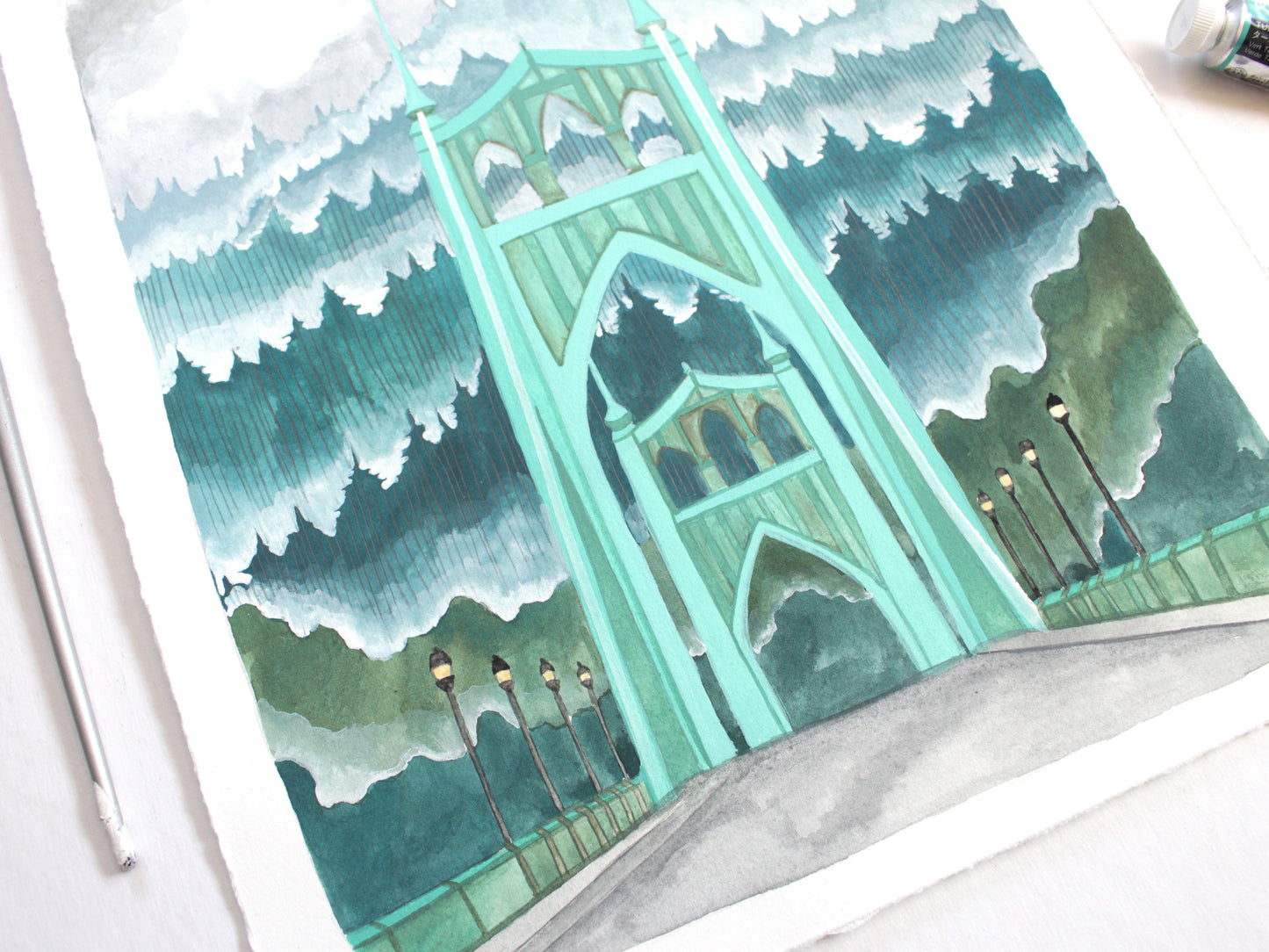 Original Gouache Portland Oregon Painting - St Johns Bridge