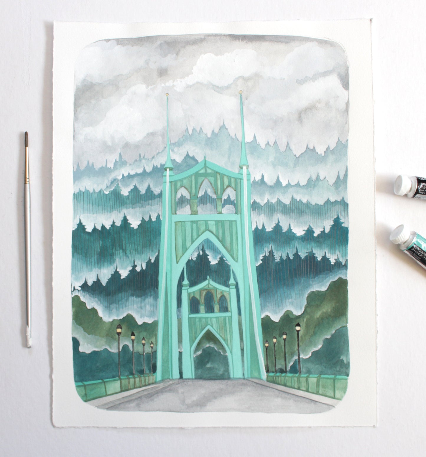 Original Gouache Portland Oregon Painting - St Johns Bridge