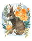 Hand Drawn Bunny Illustration with Marigold Flowers (11x14)