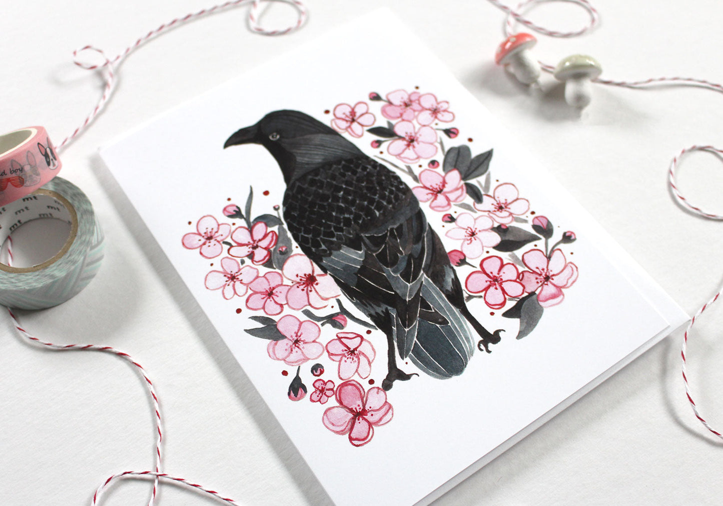 Greeting Card - Crow with Blossoms