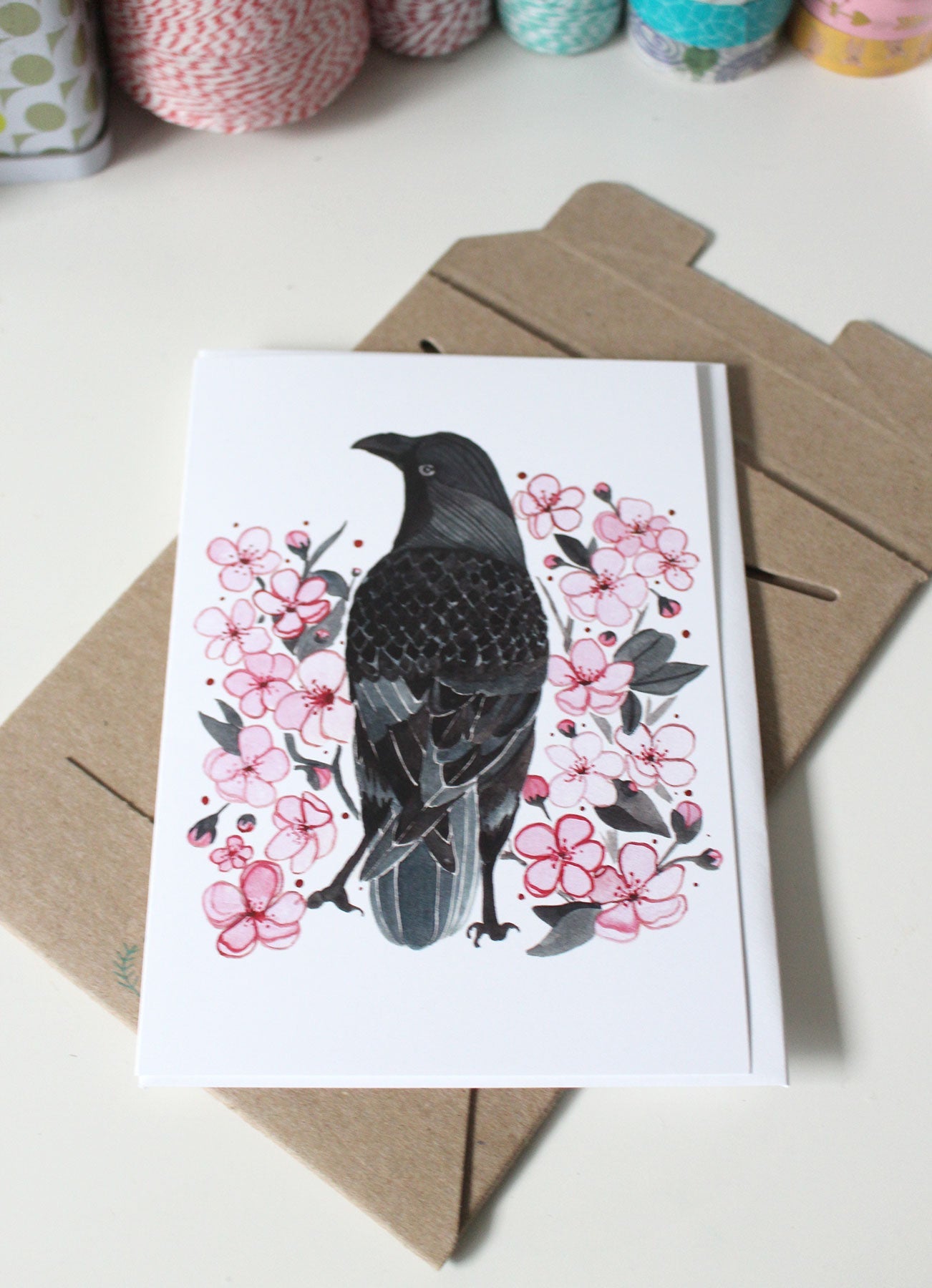 Greeting Card - Crow with Blossoms