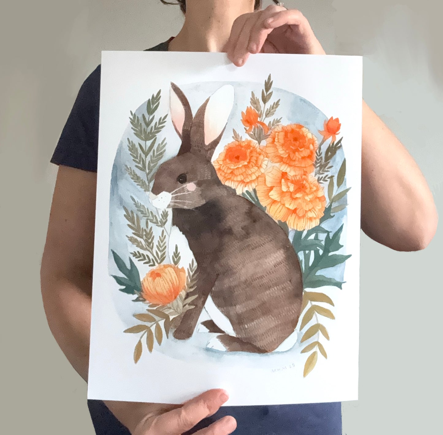 Hand Drawn Bunny Illustration with Marigold Flowers (11x14)