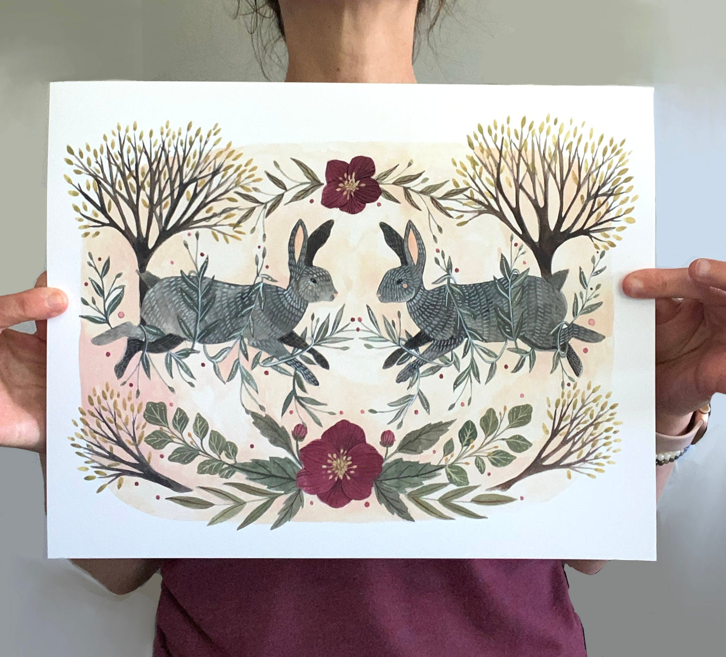 11x14 Print - Two Spring Rabbits with Trees