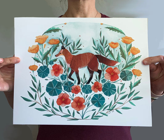 11x14 Print - Red Fox with California Poppies and Nasturtium