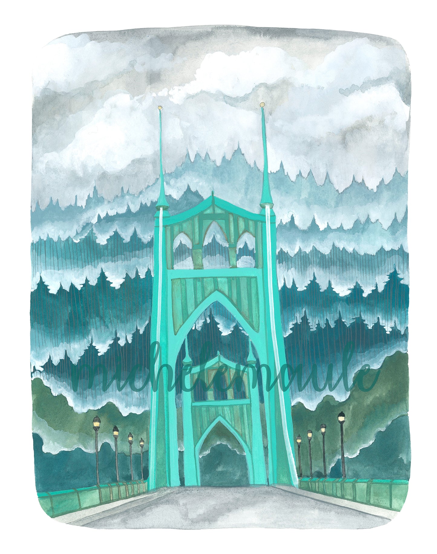 Portland Oregon Illustration of the St Johns Bridge with a Misty Forest (11x14)