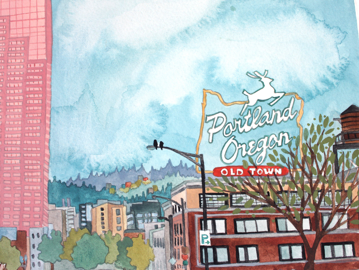 Original Portland Oregon Watercolor Painting - Big Pinkrt