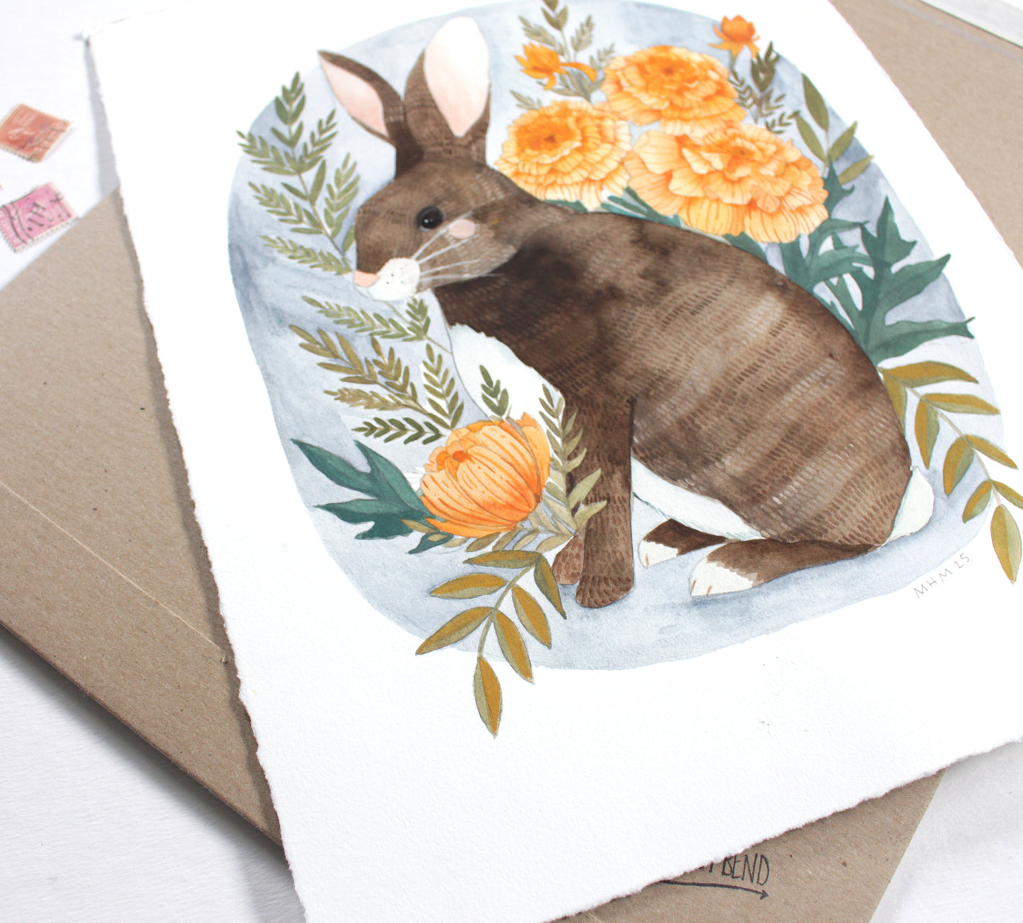 Original Gouache Nature Painting Rabbit Among Marigolds