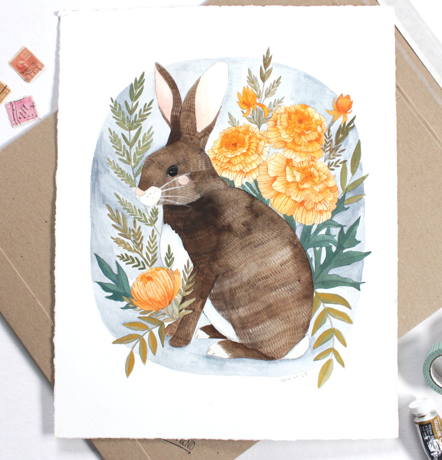 Original Gouache Nature Painting Rabbit Among Marigolds
