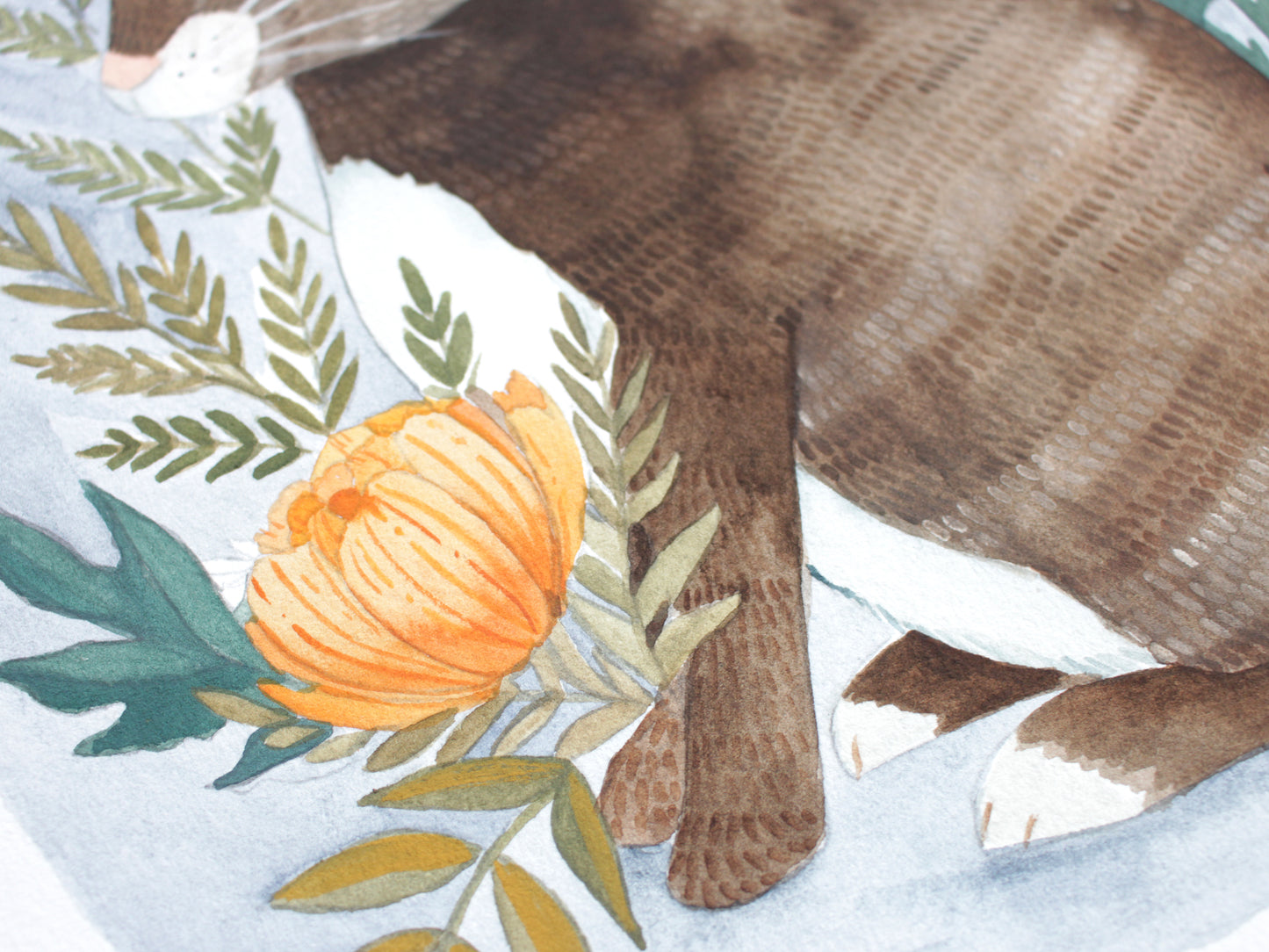 Original Gouache Nature Painting Rabbit Among Marigolds