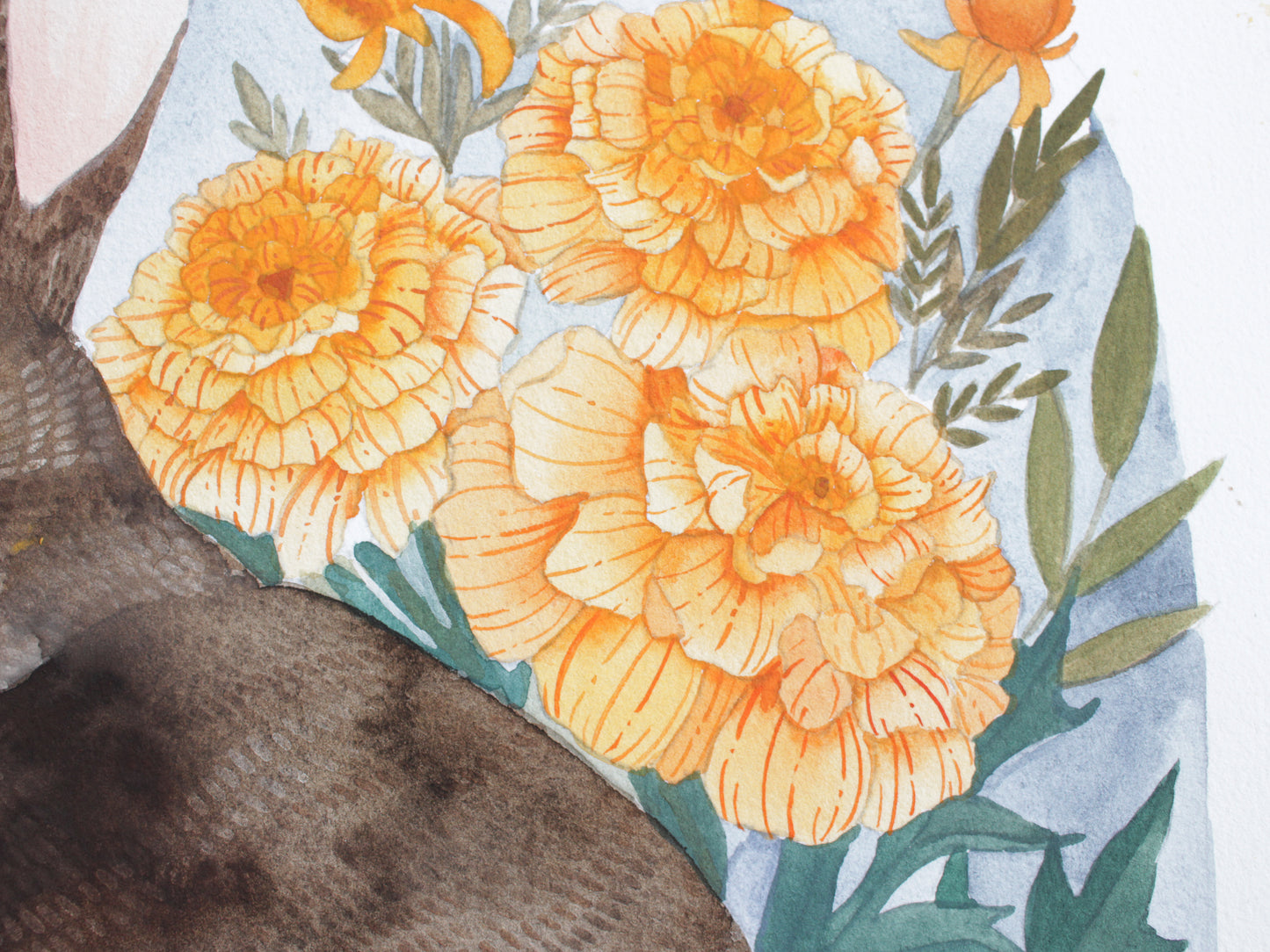 Original Gouache Nature Painting Rabbit Among Marigolds