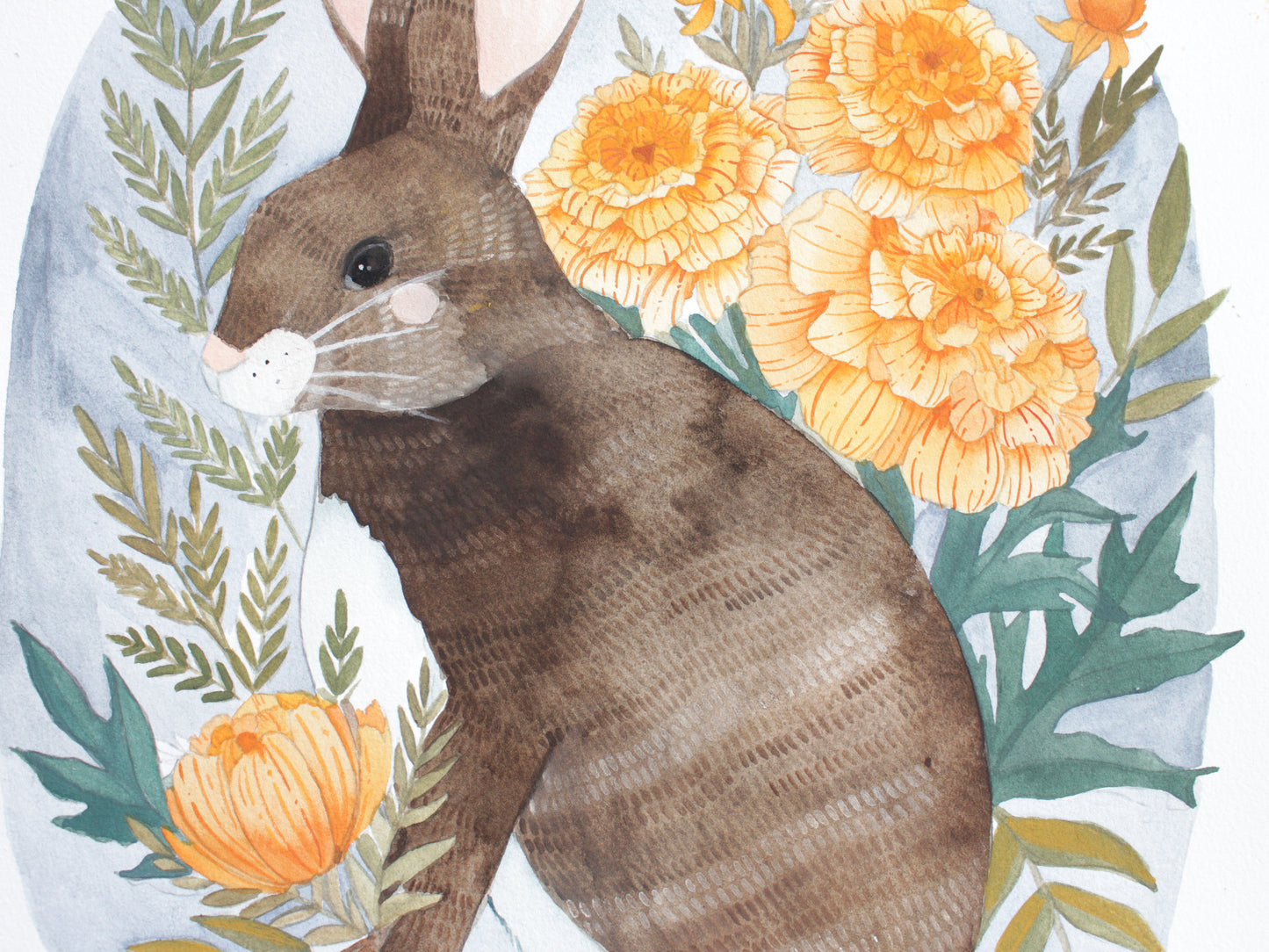 Original Gouache Nature Painting Rabbit Among Marigolds