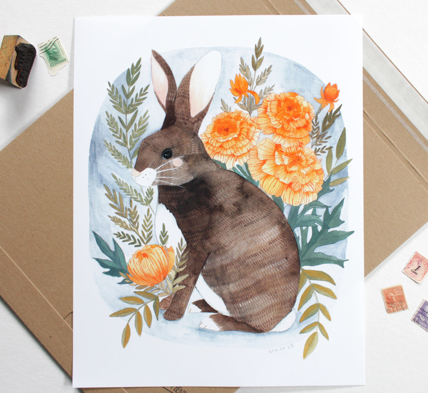 Hand Drawn Bunny Illustration with Marigold Flowers (11x14)