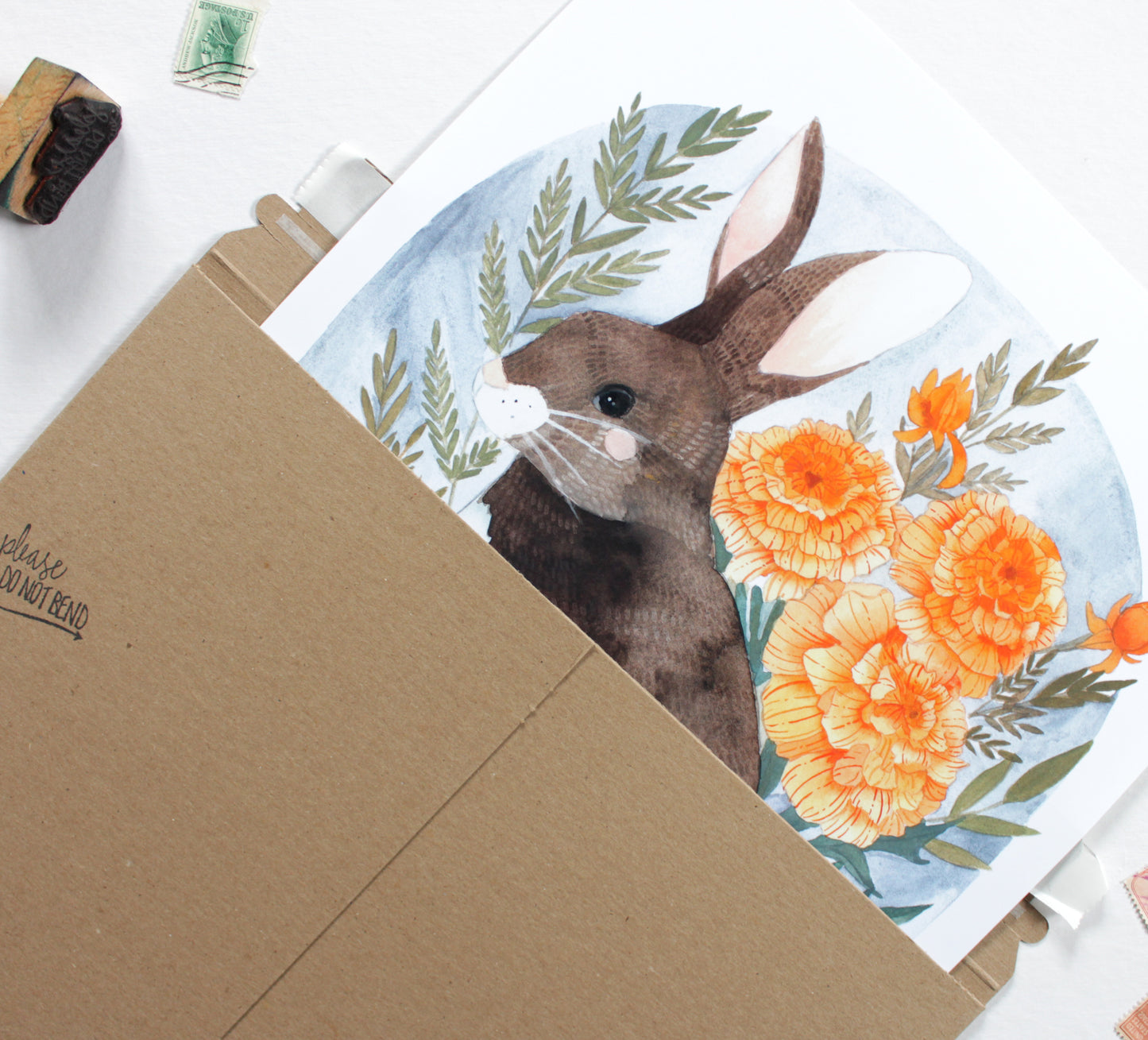 Hand Drawn Bunny Illustration with Marigold Flowers (11x14)