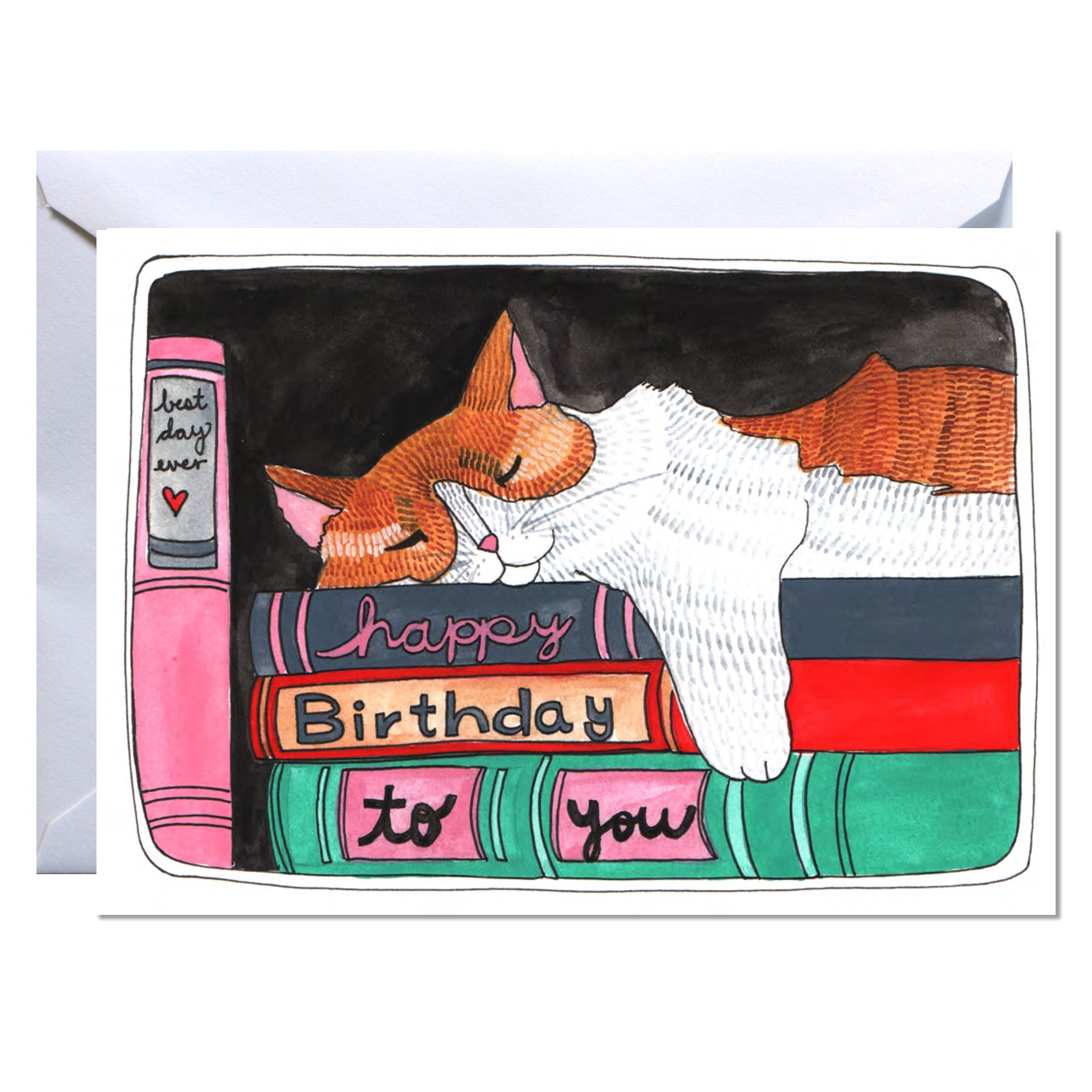 Birthday card with a cat and books design on a white background