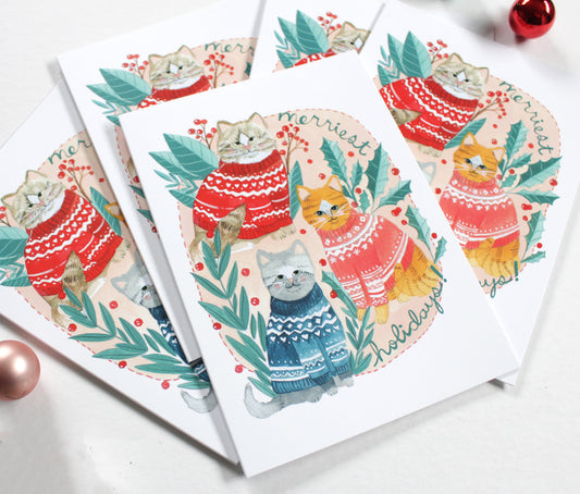 Set of Five Cats in Holiday Sweater Cards