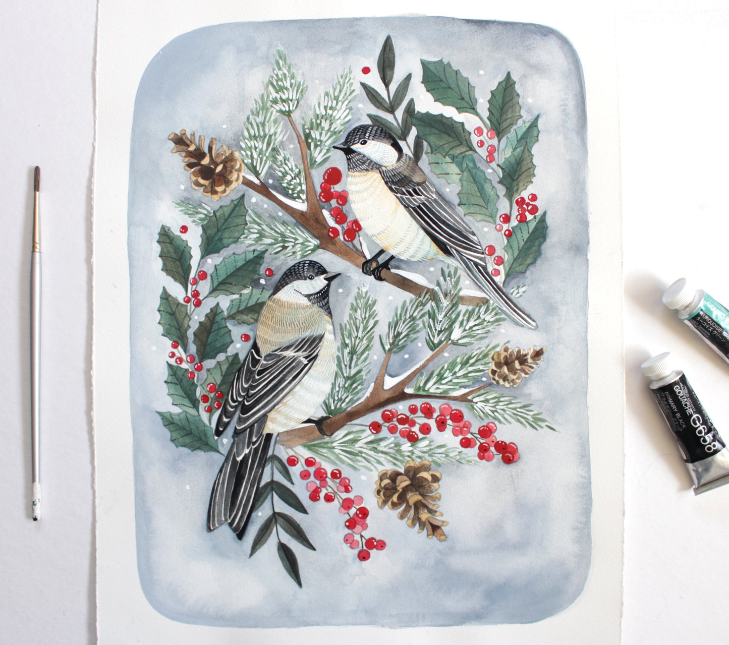 Original Gouache Painting - Two Winter Chickadees
