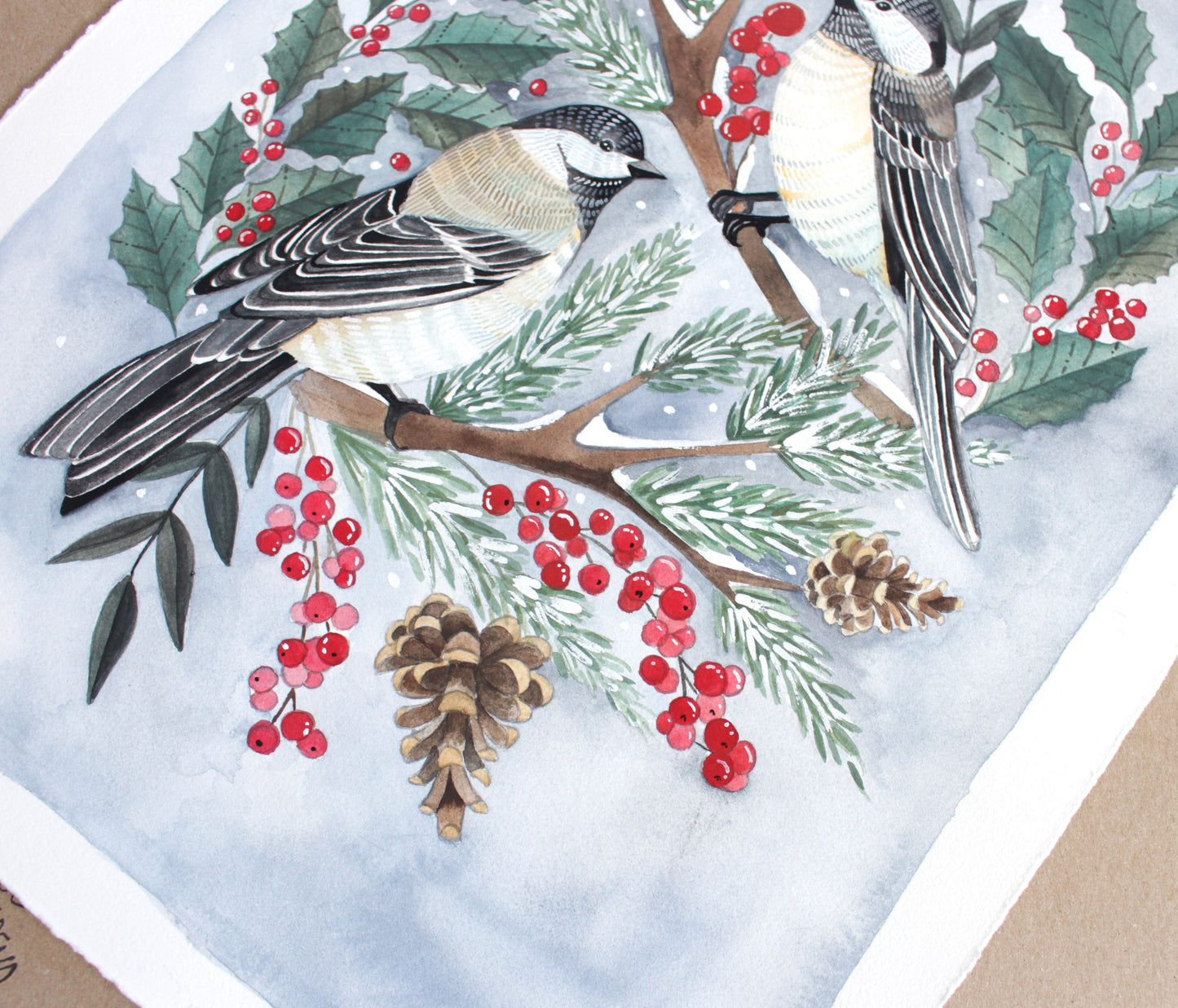Original Gouache Painting - Two Winter Chickadees