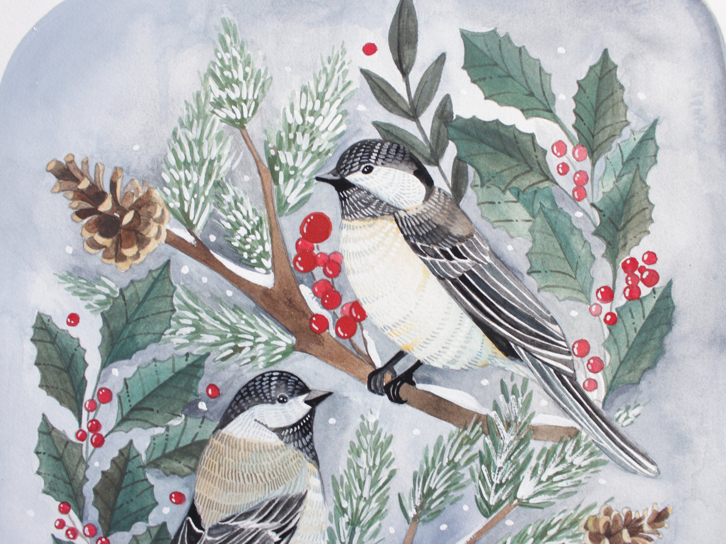 Original Gouache Painting - Two Winter Chickadees