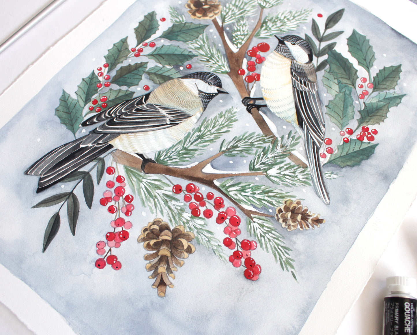 Original Gouache Painting - Two Winter Chickadees